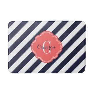 Navy and Coral Preppy Stripes Monogram Bath Mat