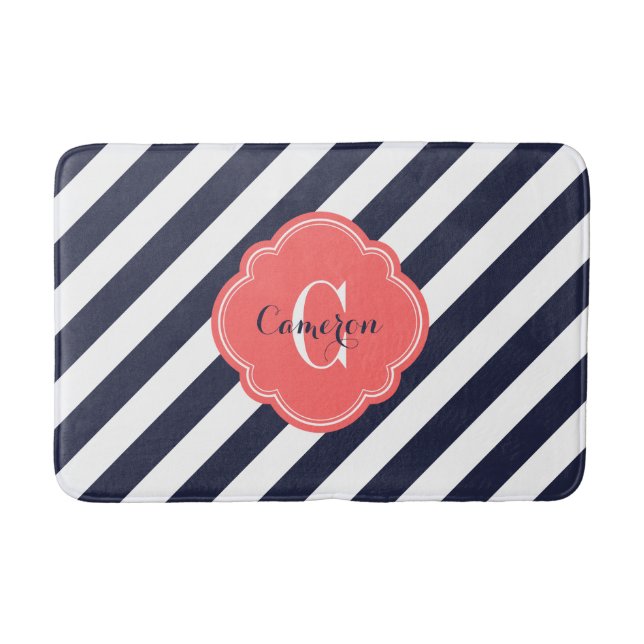 Navy and Coral Preppy Stripes Monogram Bath Mat (Front)