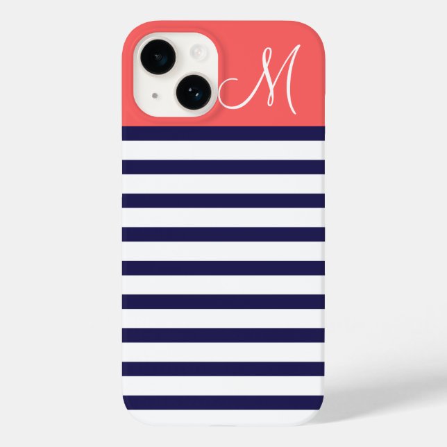 Navy and Coral Preppy Stripes Monogram Case-Mate iPhone Case (Back)