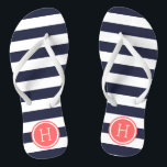 Navy and Coral Preppy Stripes Monogram Jandals<br><div class="desc">Custom printed flip flop sandals with a preppy nautical stripe pattern and your custom monogram or other text in a circle frame. Click Customise It to change text fonts and colours or add your own images to create a unique one of a kind design!</div>