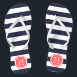 Navy and Coral Preppy Stripes Monogram Jandals<br><div class="desc">Custom printed flip flop sandals with a preppy nautical stripe pattern and your custom monogram or other text in a circle frame. Click Customise It to change text fonts and colours or add your own images to create a unique one of a kind design!</div>