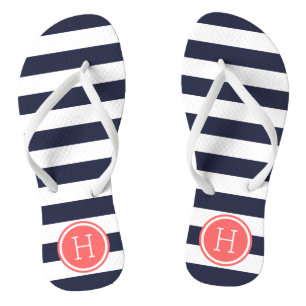 Navy and Coral Preppy Stripes Monogram Jandals