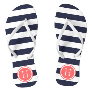 Navy and Coral Preppy Stripes Monogram Jandals