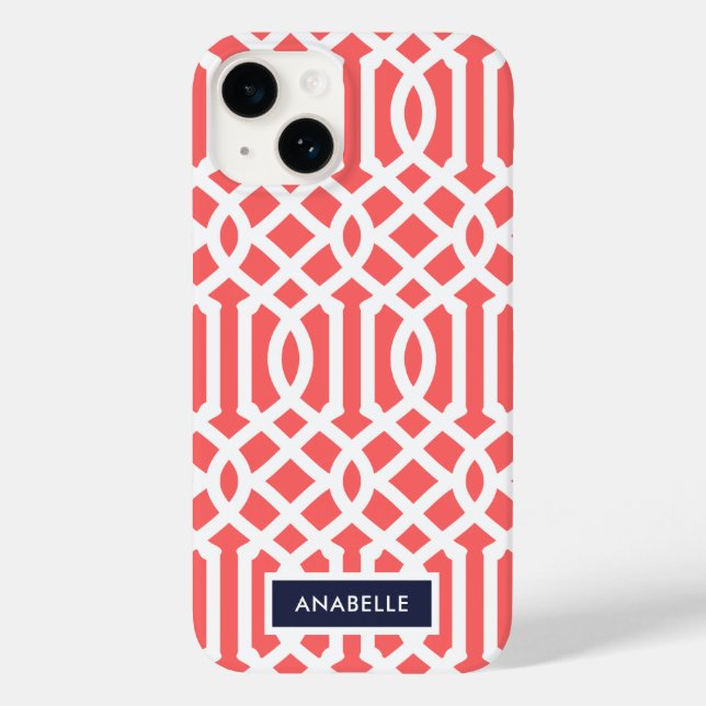 Navy and Coral Trellis Monogram Case-Mate iPhone Case (Back)