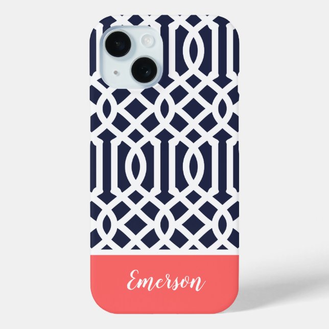 Navy and Coral Trellis Monogram Case-Mate iPhone Case (Back)