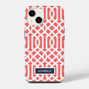 Navy and Coral Trellis Monogram iPhone 14 Case