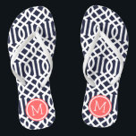 Navy and Coral Trellis Monogram Jandals<br><div class="desc">Custom printed flip flop sandals with a stylish modern trellis pattern and your custom monogram or other text in a circle frame. Click Customise It to change text fonts and colours or add your own images to create a unique one of a kind design!</div>
