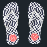 Navy and Coral Trellis Monogram Jandals<br><div class="desc">Custom printed flip flop sandals with a stylish modern trellis pattern and your custom monogram or other text in a circle frame. Click Customise It to change text fonts and colours or add your own images to create a unique one of a kind design!</div>
