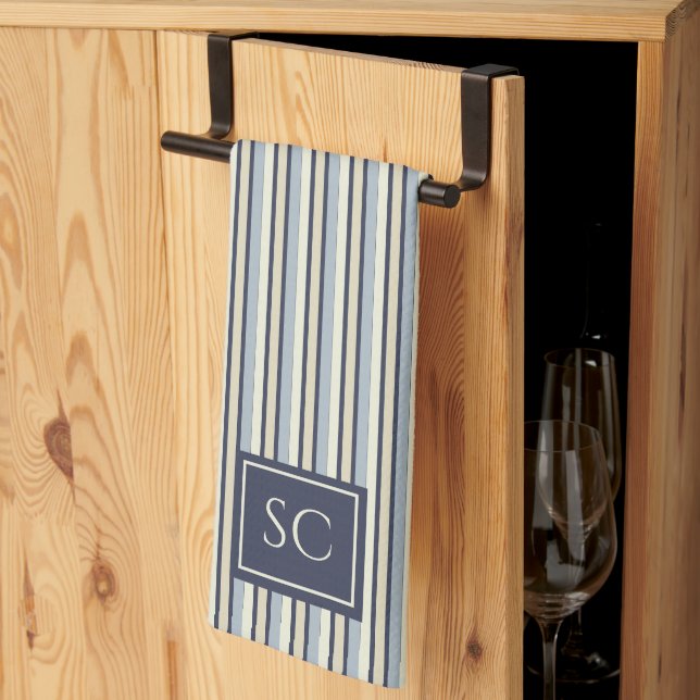 Navy And Cream Striped Pattern Monogrammed Tea Towel (Thirds Fold)