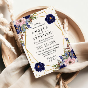Navy and Cream Summer Flowers Gold Frame Wedding Invitation