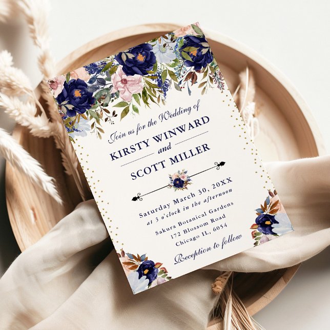 Navy and Cream Summer Flowers Wedding Invitation (Creator Uploaded)