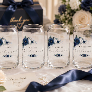 Navy and dusty Blue floral bridesmaid gift Can Glass