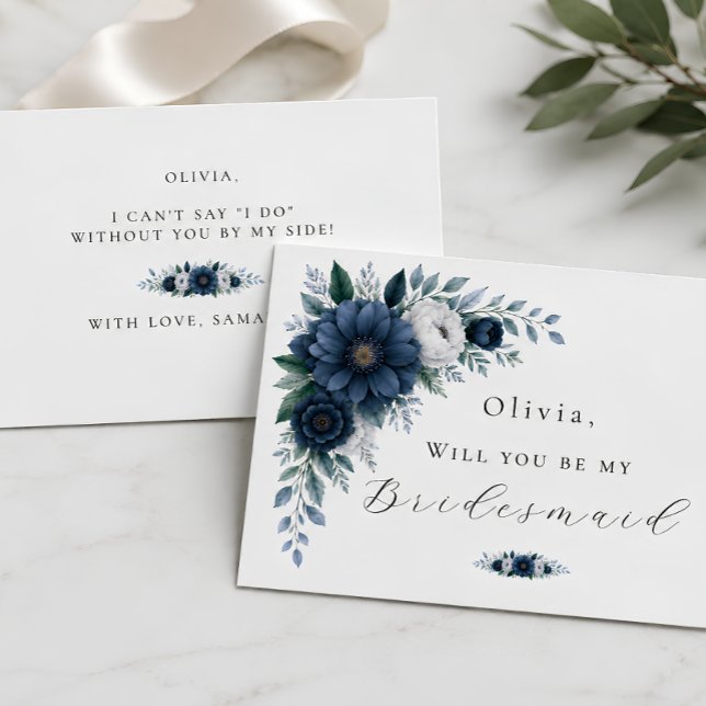 Navy and dusty Blue floral bridesmaid proposal  Card (Creator Uploaded)