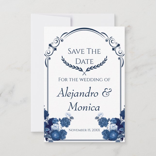 Navy and Dusty Blue Floral Classic Save The Date (Front)