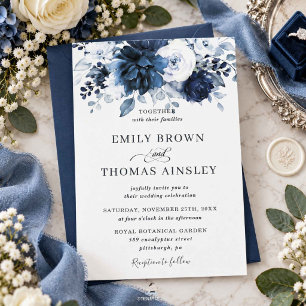 Navy and Dusty Blue Floral Wedding Invitation