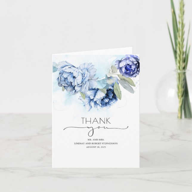 Navy and Dusty Blue Floral Wedding Thank You Card (Front)