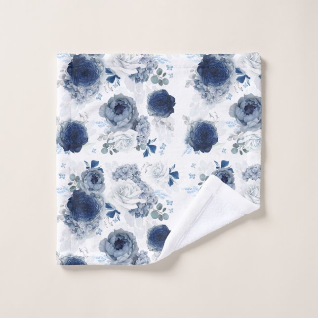 Navy and Dusty Blue Flowers Elegant Floral Wash Cloth (Wash Cloth)