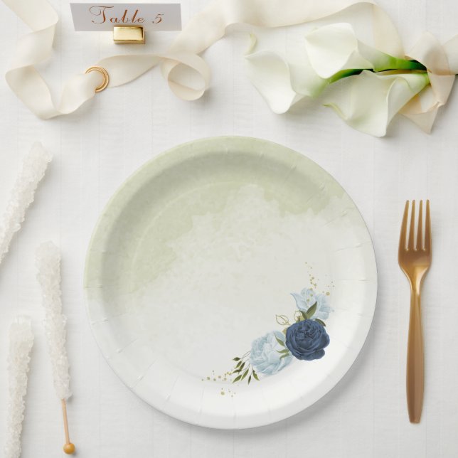  navy and dusty blue flowers greenery paper plate (Wedding)