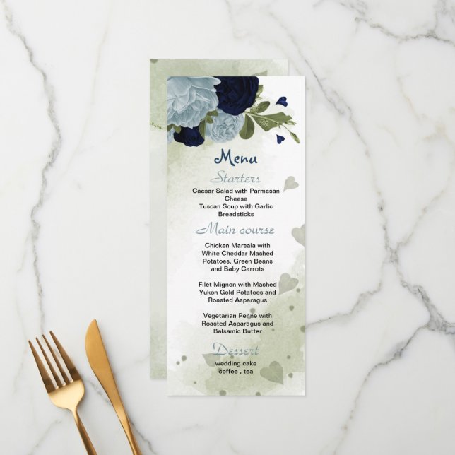 navy and dusty blue flowers greenery wedding menu (Front/Back In Situ)