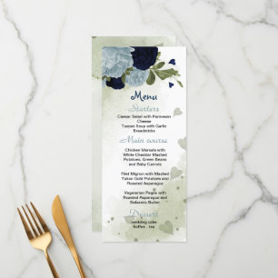 navy and dusty blue flowers greenery wedding menu