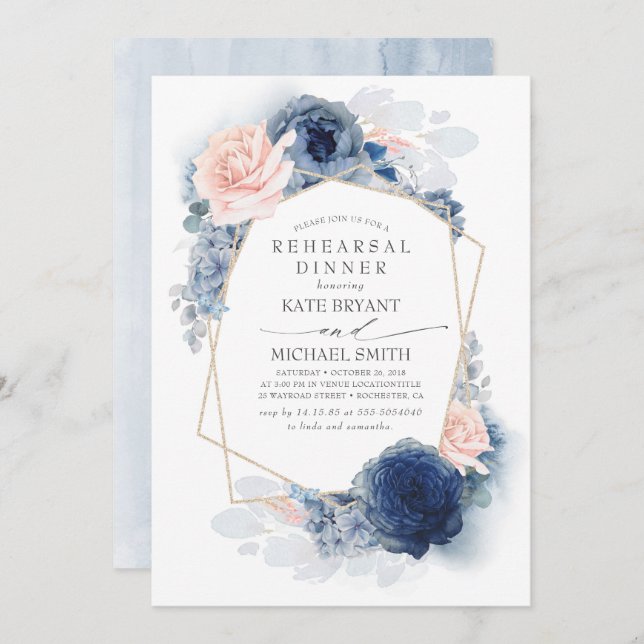 Navy and Dusty Pink Floral Modern Rehearsal Dinner Invitation (Front/Back)
