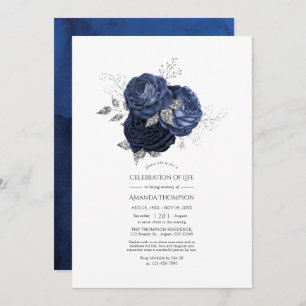 Navy and Faux Glitter Silver Celebration of Life Invitation