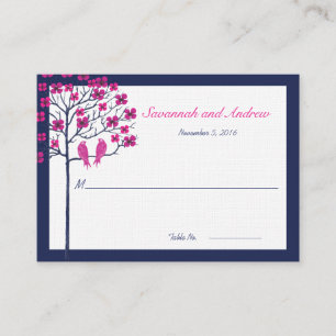 Navy and Fuchsia Vintage Birds Wedding Place Card