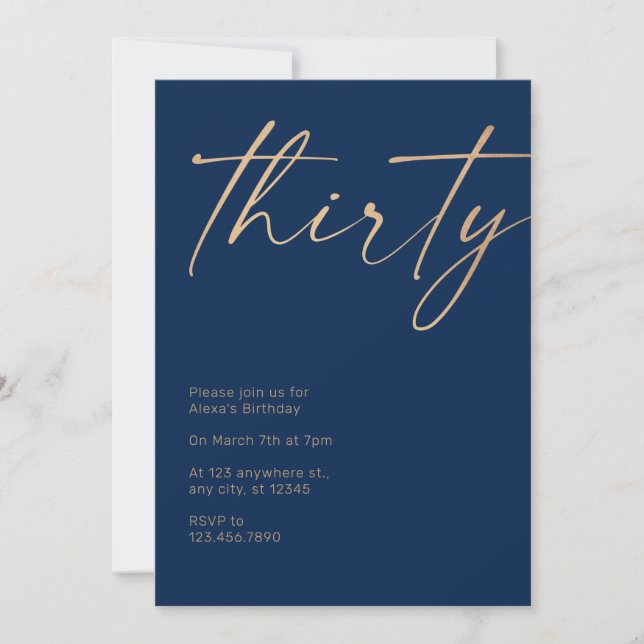 Navy and gold 30th birthday invitation (Front)