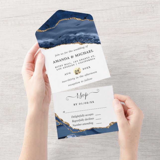 Navy and Gold Agate All In One Invitation (Tearaway)