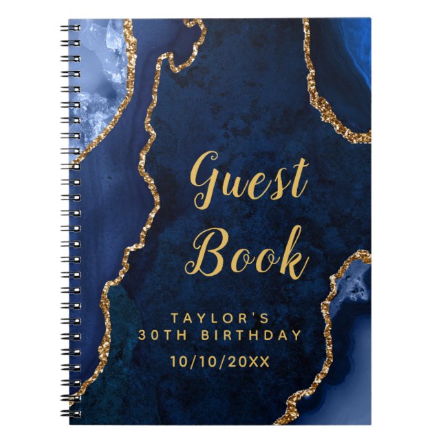 Navy and Gold Agate Birthday Guest Book (Front)