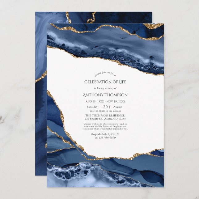 Navy and Gold Agate Celebration of Life Invitation (Front/Back)