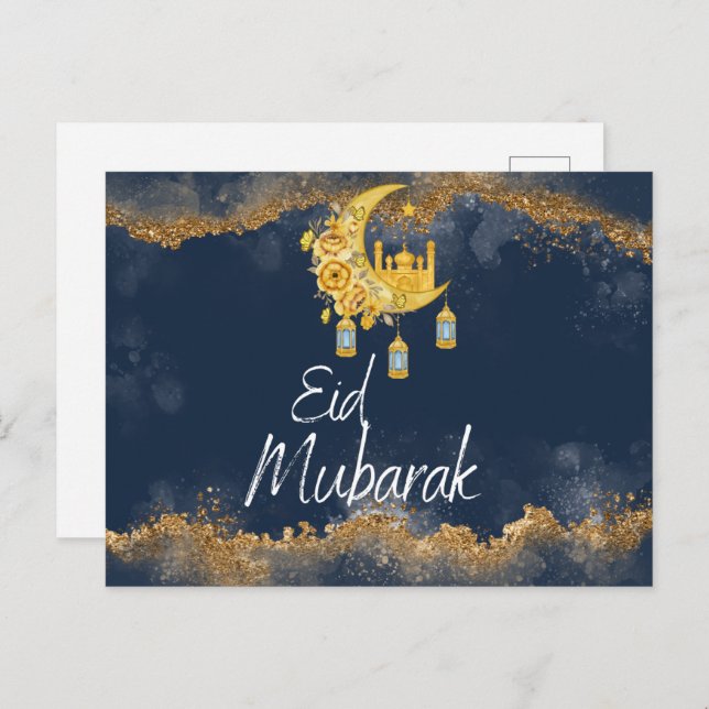 Navy and Gold Agate Eid Mubarak Eid Postcard (Front/Back)