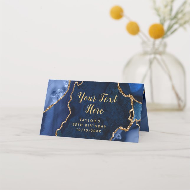 Navy and Gold Agate Marble Birthday Place Card (Front)