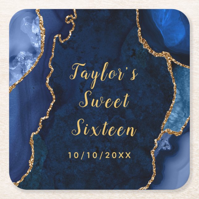 Navy and Gold Agate Marble Sweet Sixteen Square Paper Coaster (Front)