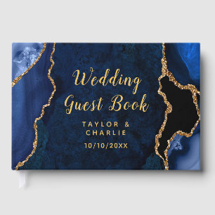Navy and Gold Agate Marble Wedding Guest Book