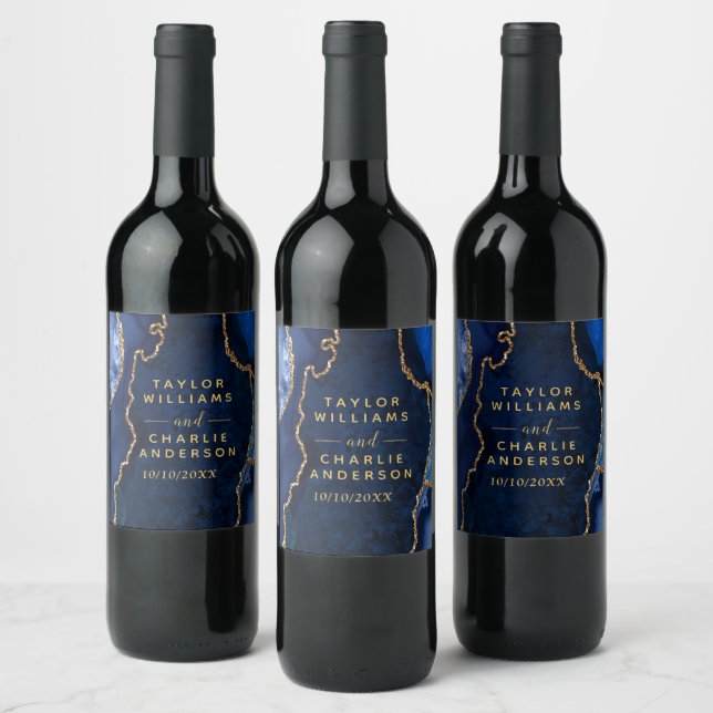 Navy and Gold Agate Marble Wedding Wine Label (Bottles)