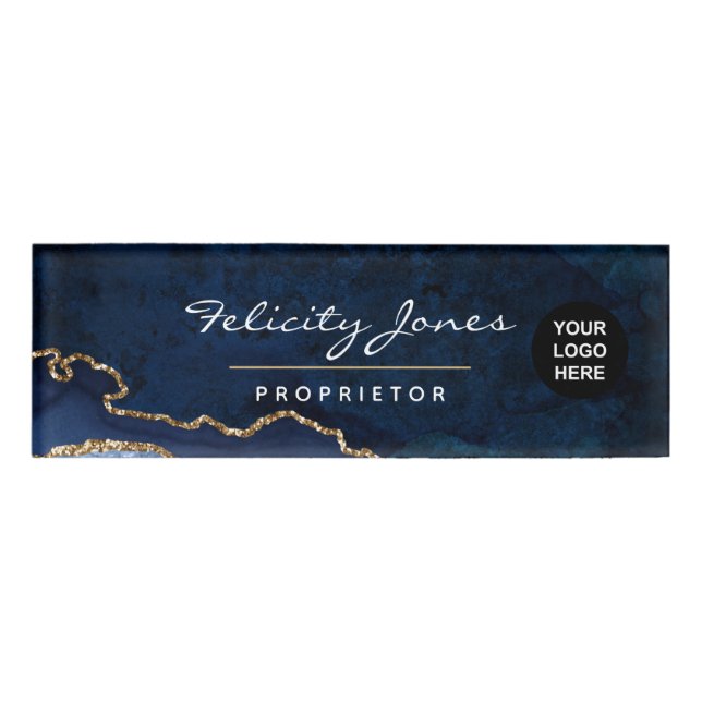 Navy and Gold Agate Precious Stone Name Tag (Front)