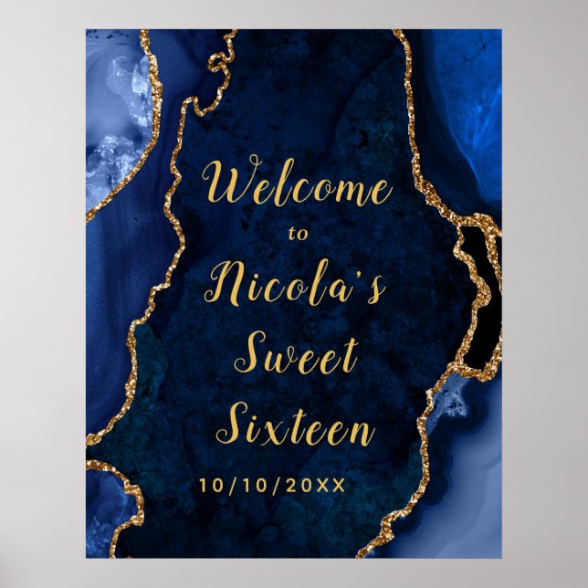 Navy and Gold Agate Sweet Sixteen Welcome Poster (Front)