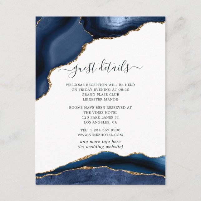 Navy and Gold Agate Wedding Guest Details Enclosure Card (Front)