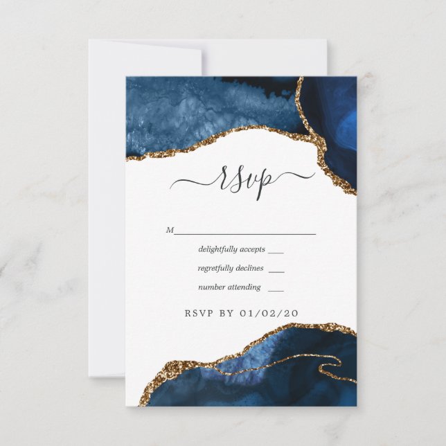 Navy and Gold Agate Wedding RSVP Card (Front)