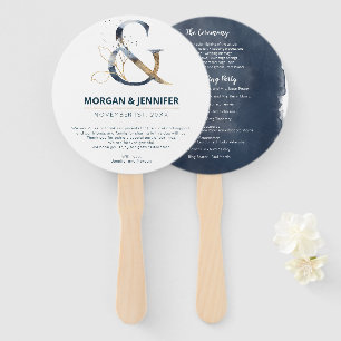 Navy and Gold ampersand Wedding program Hand Fan