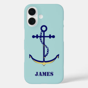Navy and Gold Anchor with Name Nautical iPhone 16 Case