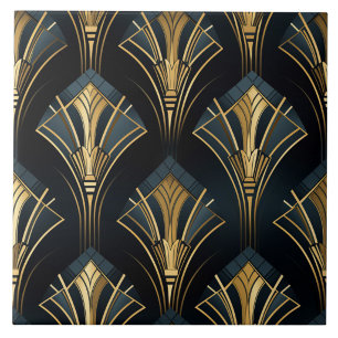 Navy and Gold Art Deco Diamond Fans Tile