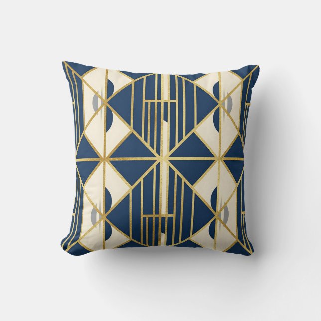 Navy and Gold Art Deco Geometric Pattern Cushion (Front)