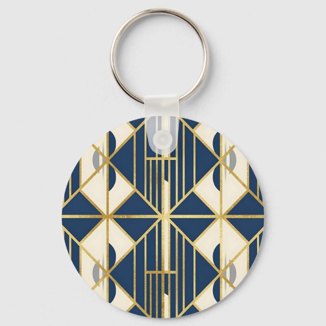 Navy and Gold Art Deco Geometric Pattern Key Ring (Front)