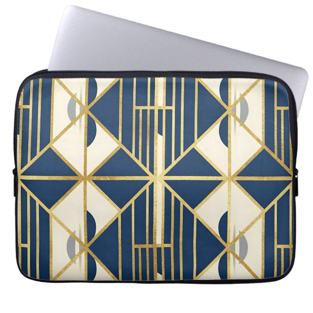 Navy and Gold Art Deco Geometric Pattern Laptop Sleeve (Front)