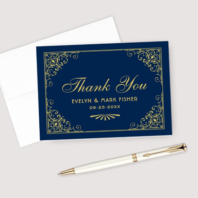 Navy and Gold Art Deco Style Wedding Thank You Card (Creator Uploaded)