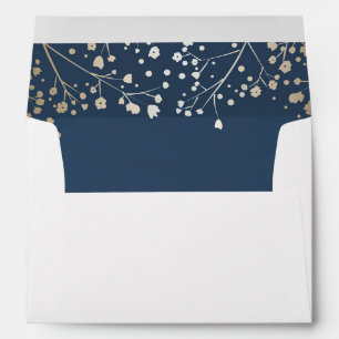 navy and gold baby's breath wedding envelopes