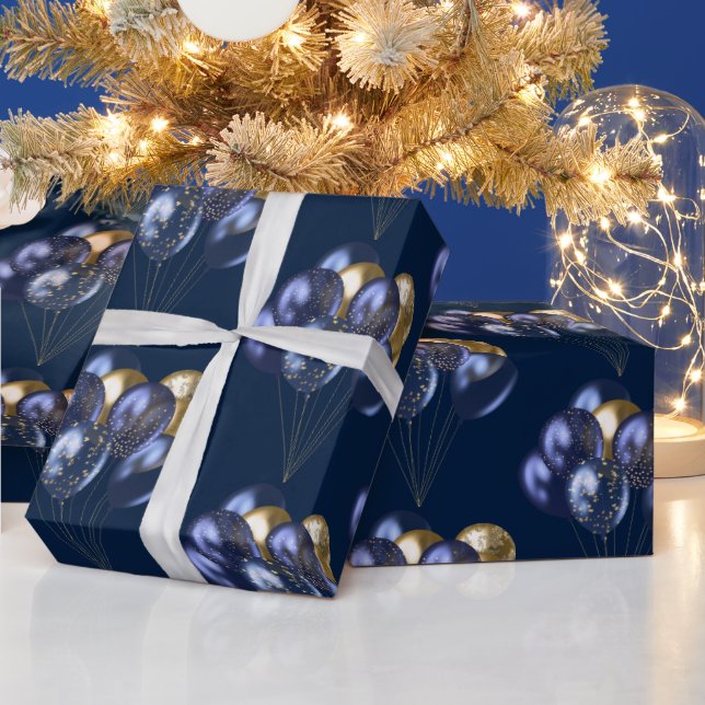 Navy and Gold Balloons Pattern Wrapping Paper (Holidays)