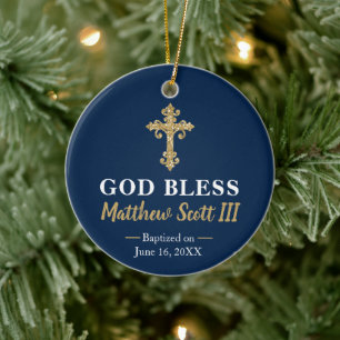 Navy and Gold Boys Baptism Keepsake Ceramic Tree Decoration